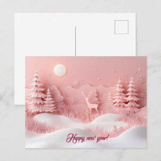 Roze Nieuwjaar Snowy Forest Briefkaart (Voorkant / Achterkant)