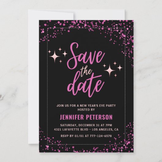 Roze nieuwjaarsuitnodiging Save the date Glam Kaart (Voorkant)