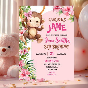 Roze Nieuwsgierige Monkey Safari Thema Verjaardag Kaart