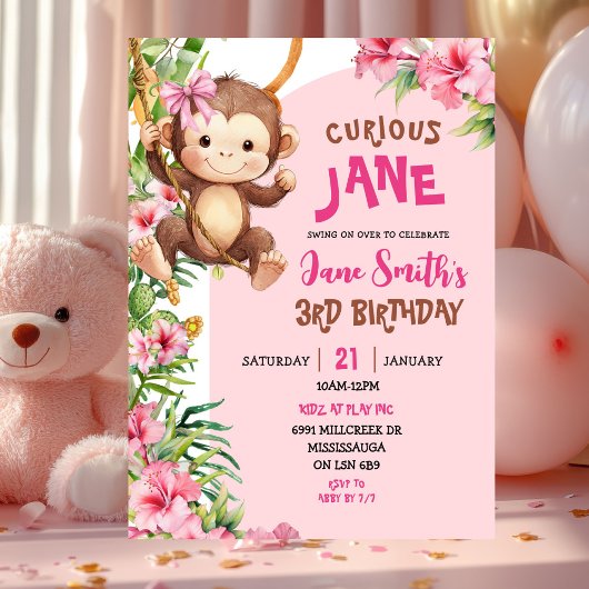 Roze Nieuwsgierige Monkey Safari Thema Verjaardag Kaart