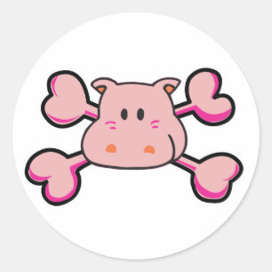 roze nijlpaard schedel roze gekruiste botten ronde sticker