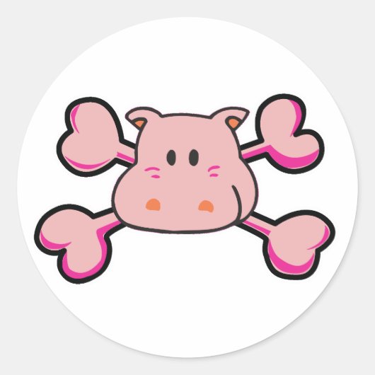 roze nijlpaard schedel roze gekruiste botten ronde sticker (Voorkant)