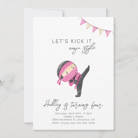 Roze Ninja Birthday Uitnodiging | Partij Ninja (Voorkant)