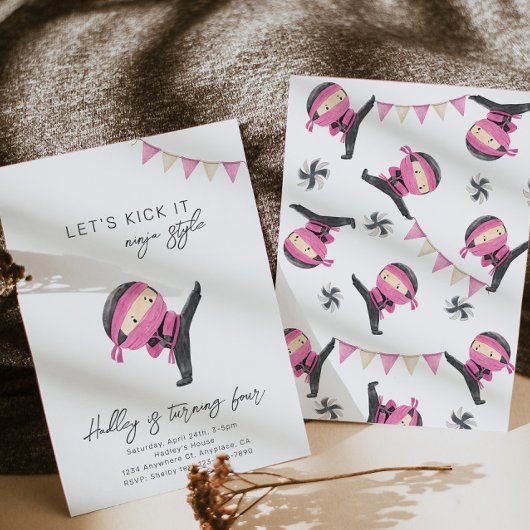 Roze Ninja Birthday Uitnodiging | Partij Ninja