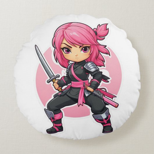 roze ninja meisje rond kussen (Voorkant)