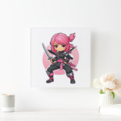 roze ninja meisje vierkante klok (Huis)
