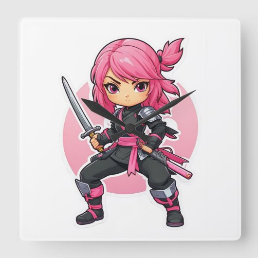 roze ninja meisje vierkante klok (Voorkant)