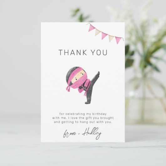 Roze Ninja Party - Hartelijk dank Bedankkaart (Staand voorkant)