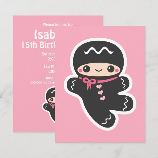 Roze Ninja verjaardagsfeestje uitnodigingen (Voorkant / Achterkant)