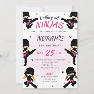 Roze Ninja Verjaardagsuitnodiging - Meisjes Karate Kaart