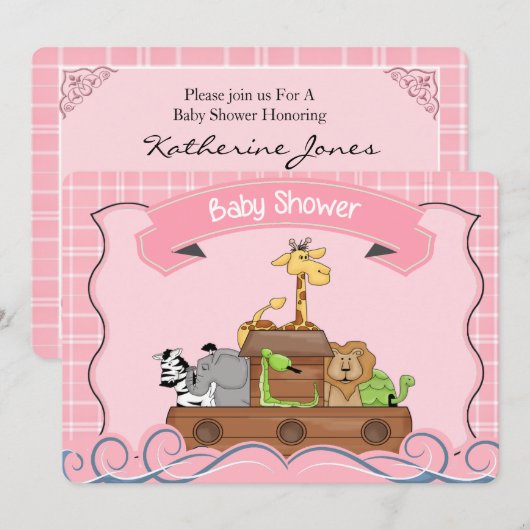 Roze Noah's uitnodiging voor het Baby shower van A (Voorkant / Achterkant)