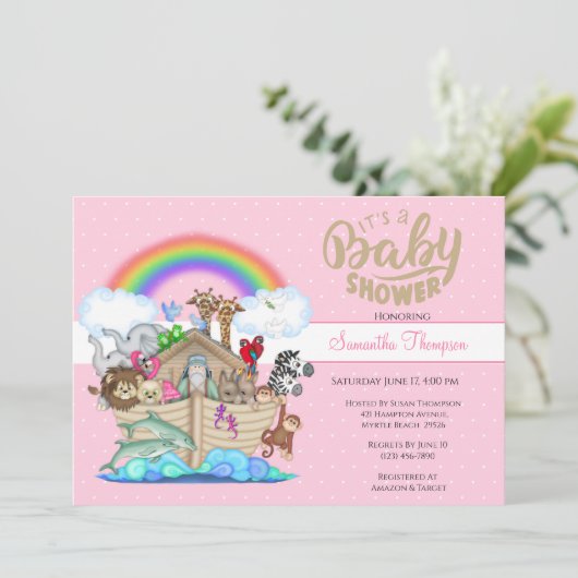 Roze Noah's uitnodiging voor het Baby shower van A (Staand voorkant)