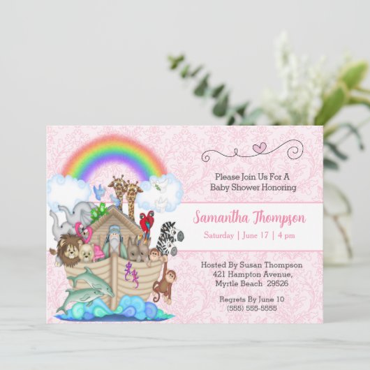 Roze Noah's uitnodiging voor het Baby shower van A (Staand voorkant)