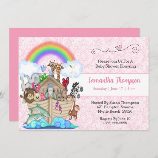 Roze Noah's uitnodiging voor het Baby shower van A (Voorkant / Achterkant)