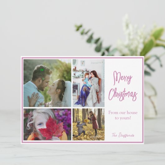 Roze Noel Foto Kerst Kaart (Staand voorkant)