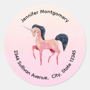 Roze Noordse Eenhoorn met Zwart Mane Adres Ronde Sticker