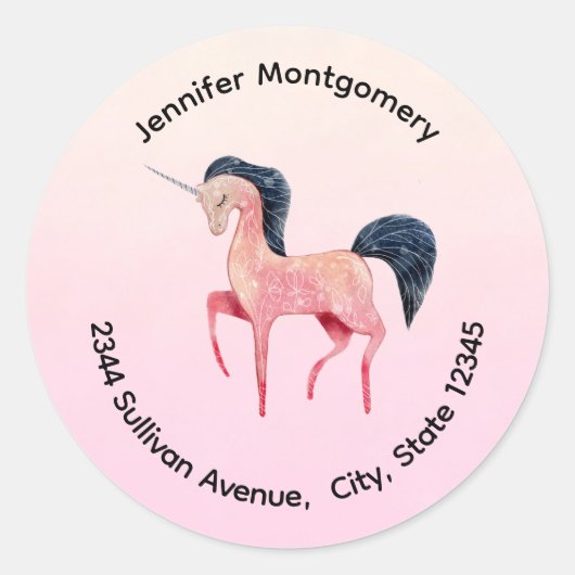 Roze Noordse Eenhoorn met Zwart Mane Adres Ronde Sticker (Voorkant)