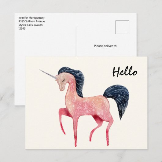 Roze Noordse Eenhoorn met Zwarte Mane Briefkaart (Voorkant / Achterkant)