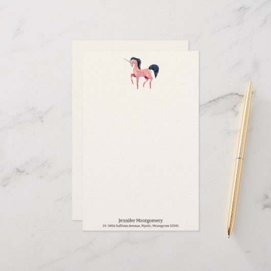 Roze Noordse Eenhoorn met Zwarte Mane Briefpapier (Voorkant / Achterkant in situ)