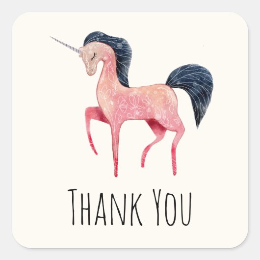 Roze Noordse Eenhoorn met Zwarte Mane Dank U Vierkante Sticker (Voorkant)