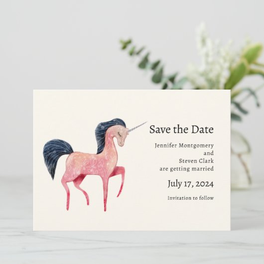 Roze Noordse Eenhoorn met Zwarte Mane Save The Date (Staand voorkant)