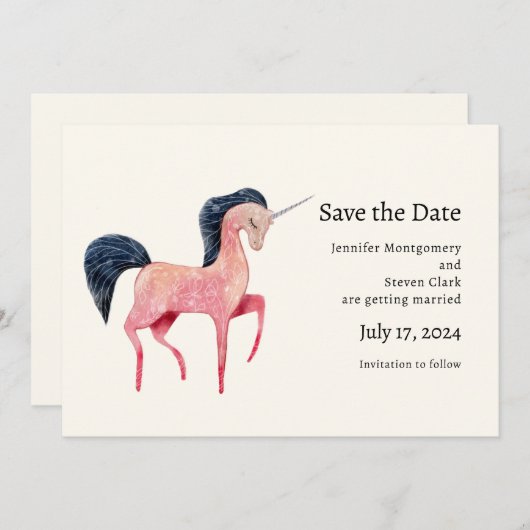 Roze Noordse Eenhoorn met Zwarte Mane Save The Date (Voorkant / Achterkant)