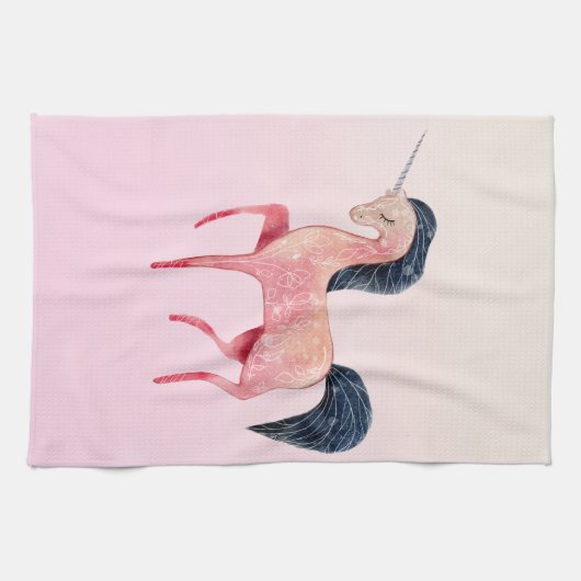 Roze Noordse Eenhoorn met Zwarte Mane Theedoek (Horizontaal)