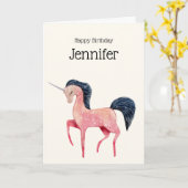 Roze Noordse Eenhoorn met Zwarte Mane Verjaardag Kaart (Gele Bloem)