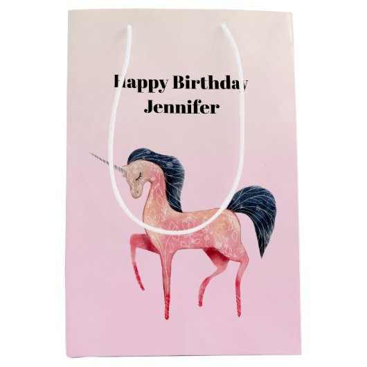 Roze Noordse Eenhoorn met Zwarte Mane Verjaardag Medium Cadeauzakje (Voorkant)