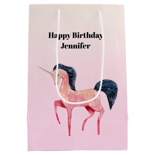 Roze Noordse Eenhoorn met Zwarte Mane Verjaardag Medium Cadeauzakje (Achterkant)