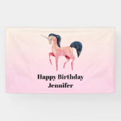 Roze Noordse Eenhoorn met Zwarte Mane Verjaardag Spandoek (Horizontaal)