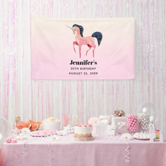 Roze Noordse Eenhoorn met Zwarte Mane Verjaardag Spandoek (Feest)