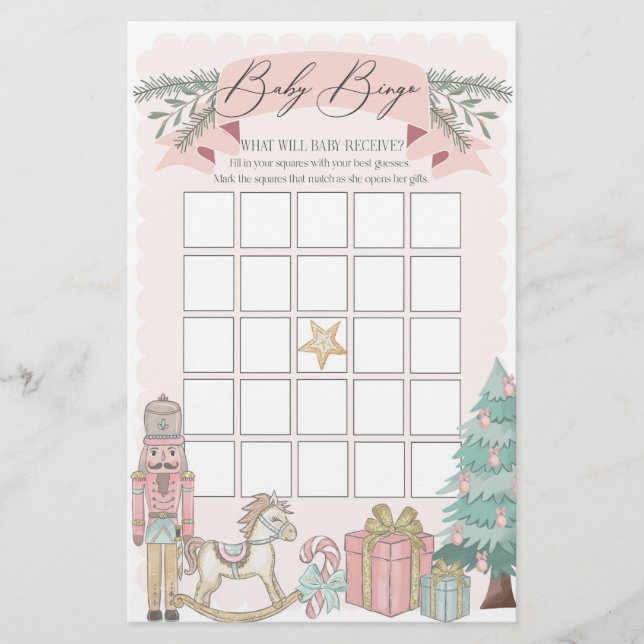 roze notenkraker kerst baby shower bingo spel (Voorkant)