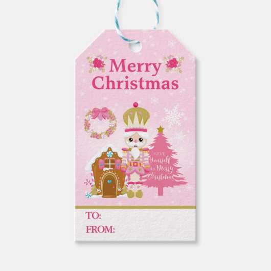 Roze Notenkraker & Kerst Gingerbread House Cadeaulabel (Voorkant)
