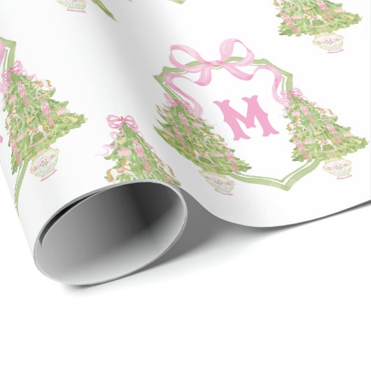 Roze Notenkraker Kerstboom Monogram Crest Cadeaupapier (Rol Hoek)