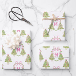 Roze Notenkraker Kerstboom Monogram Crest Inpakpapier Vel