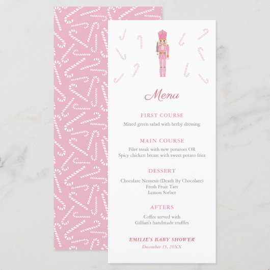 Roze Notenkraker Snoeprietjes Kerst Baby Shower Menu (Voorkant / Achterkant)