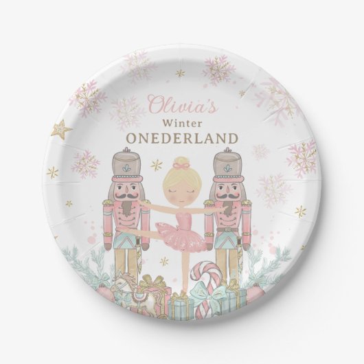 Roze Notenkraker Winter Onederland 1e verjaardag Papieren Bordje (Voorkant)