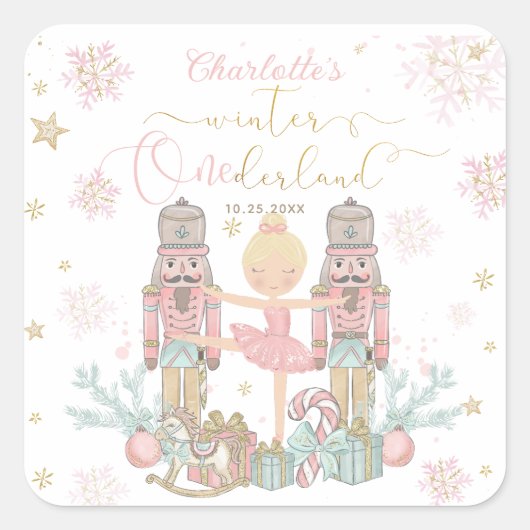 Roze Notenkraker Winter Onederland 1e Verjaardag Vierkante Sticker (Voorkant)