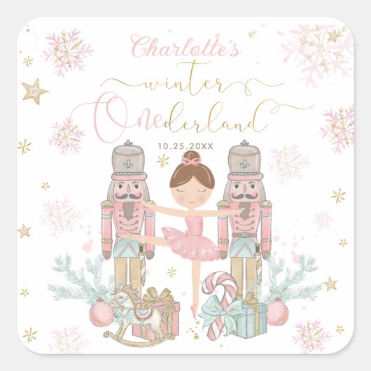 Roze Notenkraker Winter Onederland 1e Verjaardag Vierkante Sticker (Voorkant)