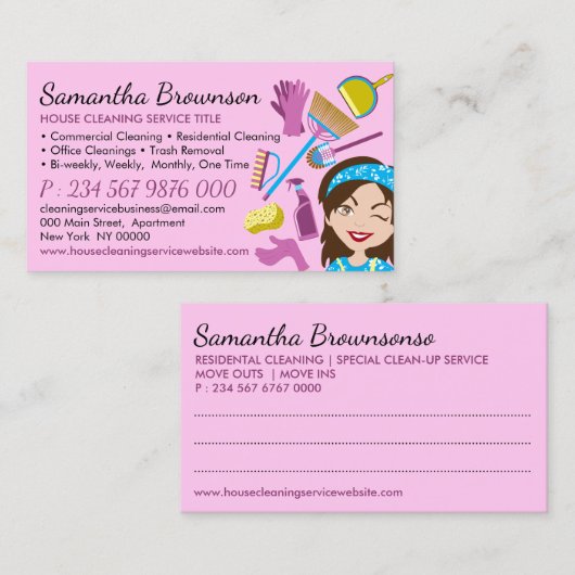 Roze notitie Side Janitorial Lady Cleaning Visitekaartje (Voorkant / Achterkant)