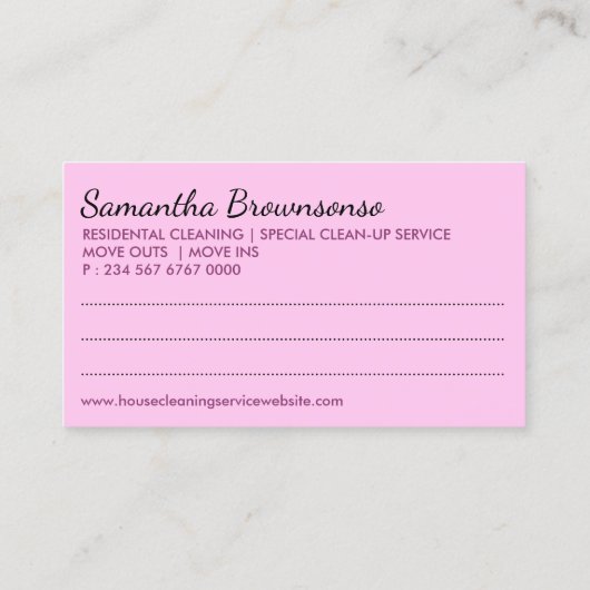 Roze notitie Side Janitorial Lady Cleaning Visitekaartje (Achterkant)