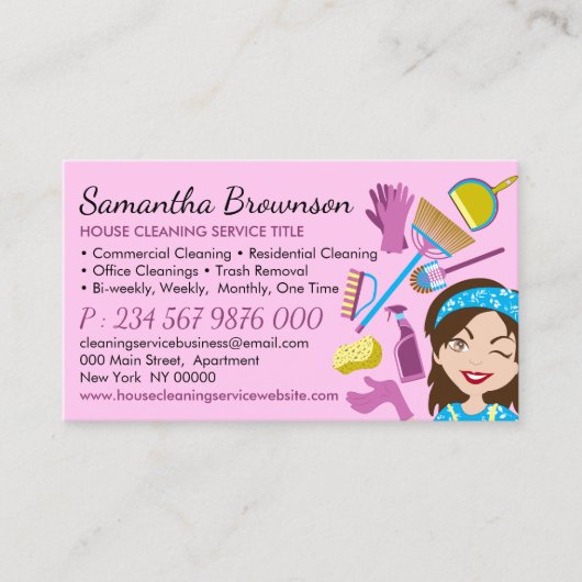 Roze notitie Side Janitorial Lady Cleaning Visitekaartje (Voorkant)