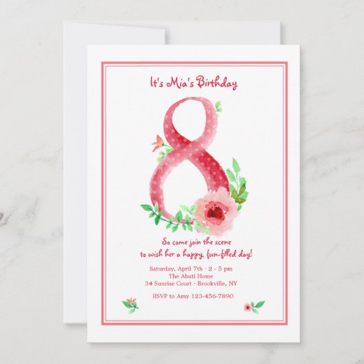 Roze Nummer 8 Uitnodiging (Voorkant)