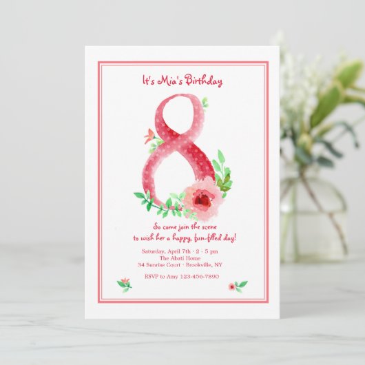 Roze Nummer 8 Uitnodiging (Staand voorkant)