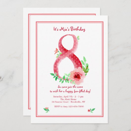 Roze Nummer 8 Uitnodiging (Voorkant / Achterkant)