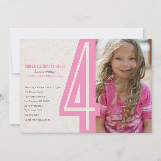Roze nummer vier uitnodiging voor feestdag (Voorkant)