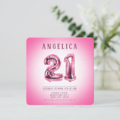 Roze nummerballonnen 21e verjaardag uitnodiging (Staand voorkant)