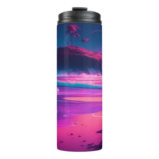Roze oceaan en palmbomen Digitale kunst Thermosbeker (Voorkant)