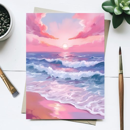 Roze Oceaan Oever Strand Schilderij Briefkaart